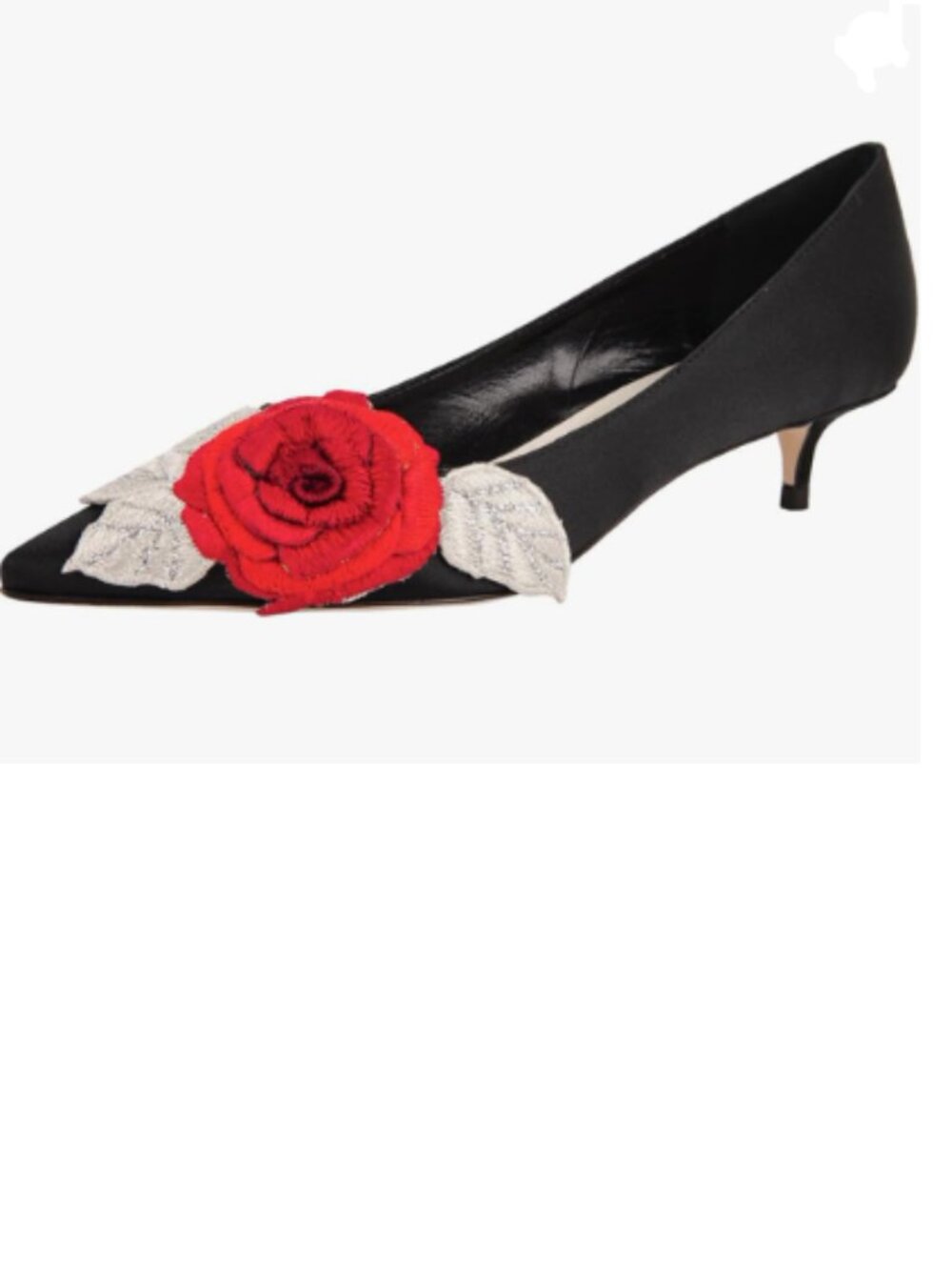 FSJ Black Vintage Kitten Low Heel Embroidery Cute Pointed Toe Flower Satin Pumps